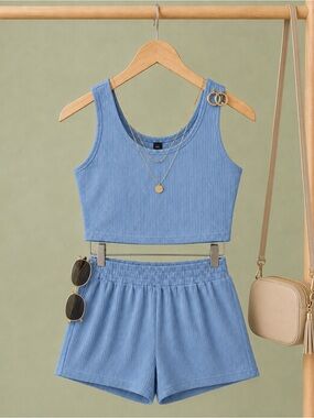 Light Blue Ribbed Crop Tank & Shorts Set